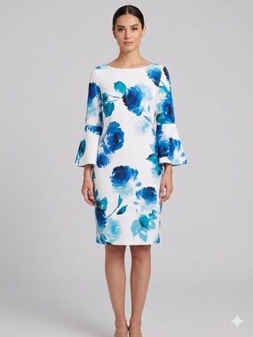 Calvin Klein White Blue turquoise floral dress Sz12 Wedding Fairy Romantic